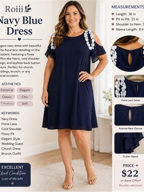 Navy Cold-Shoulder Midi Dress with White Floral Trim
